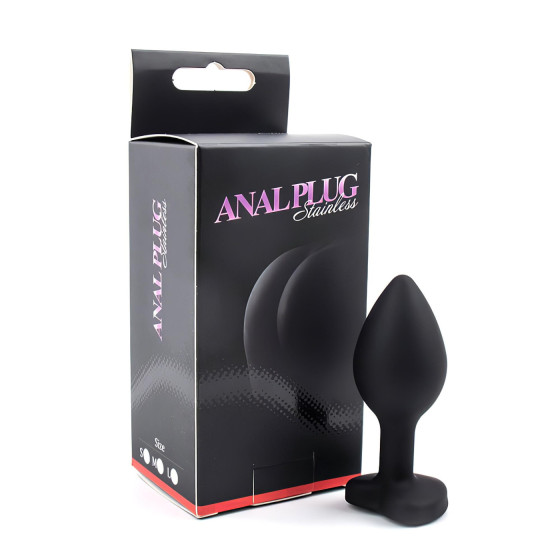 Dop anal silicon negru cu piatra inima alba Sunfo
